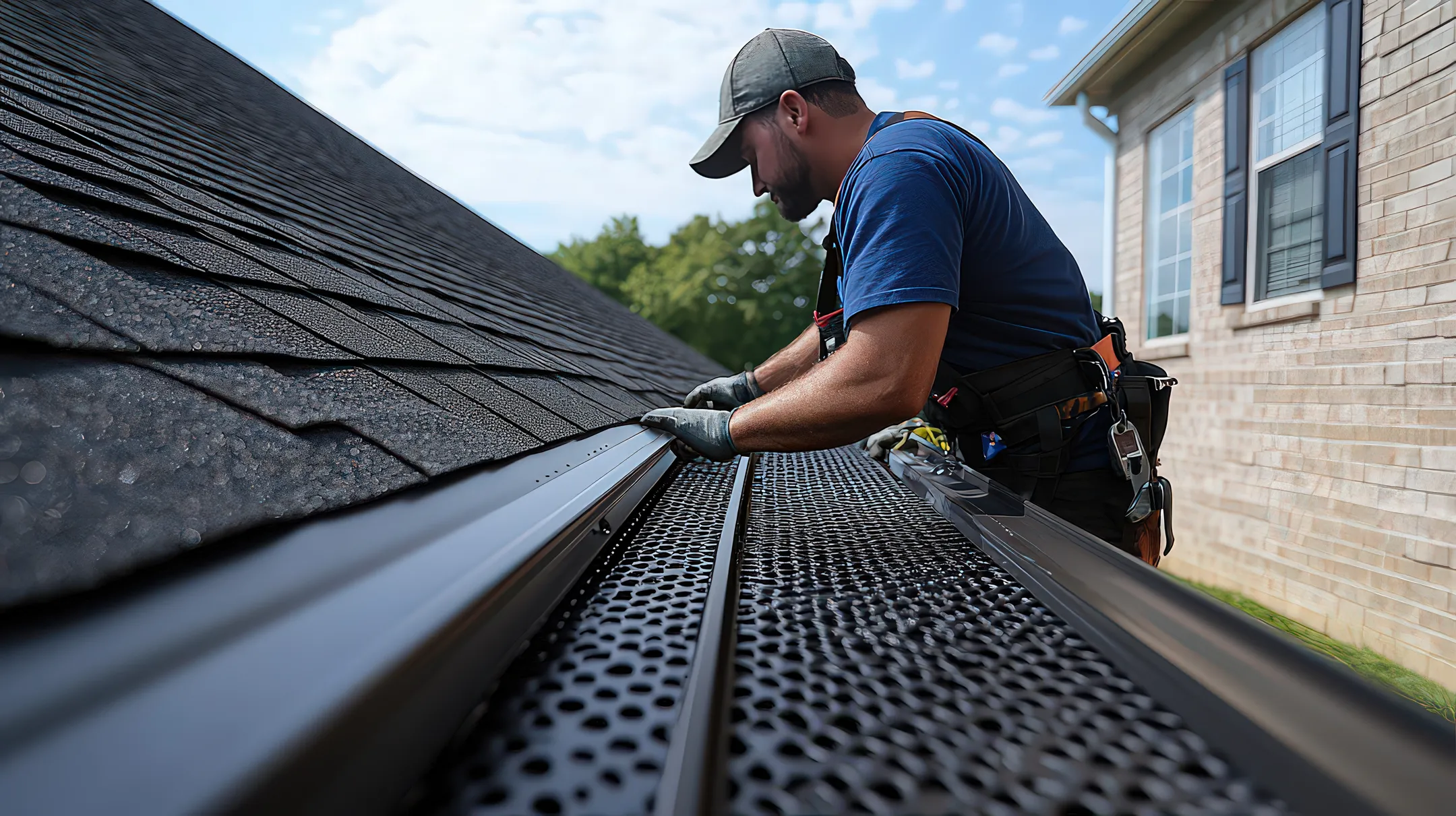 Installing seamless roof gutters with guards for efficient water drainage and damage prevention.